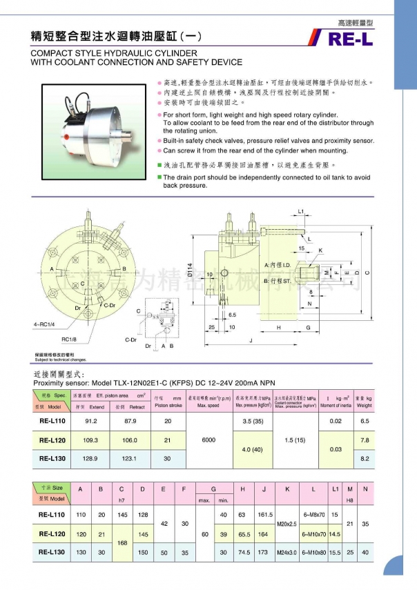 佳贺中实精短整合型注水回转油压缸 RE-L